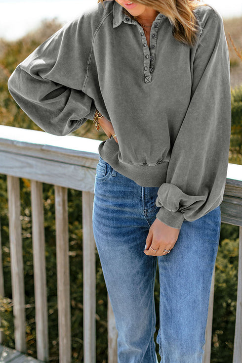Lantern Sleeve Snap Button Placket Washed Pullover Casual Round Neck Sweatshirt